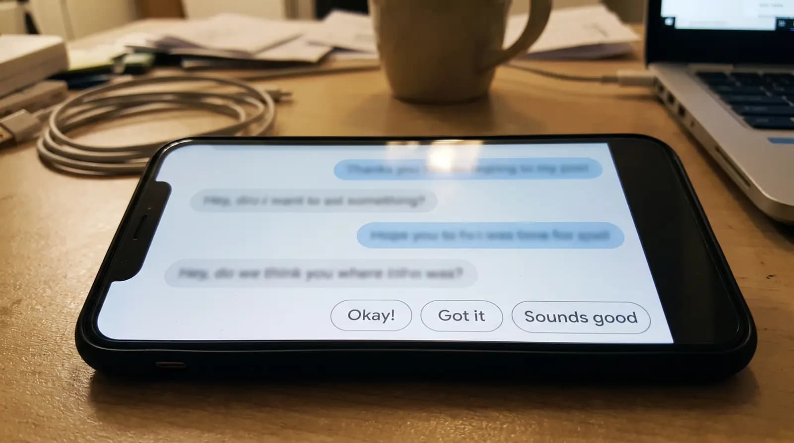 Celular com uma conversa automática e botões de resposta rápida