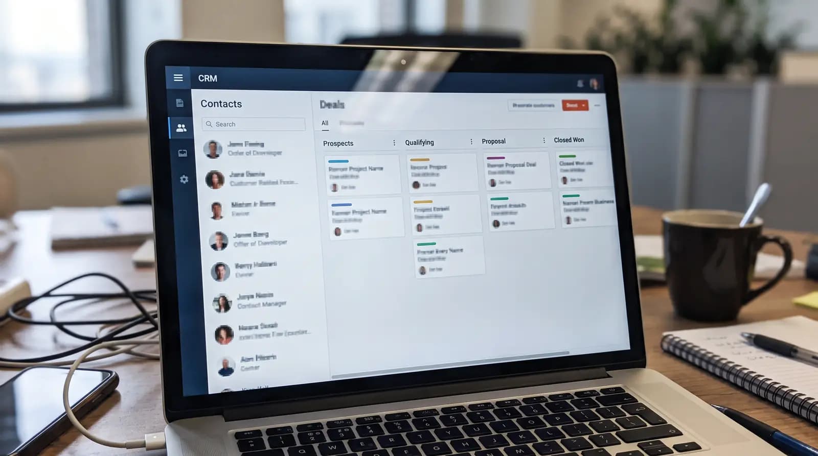 Notebook com um CRM aberto, lista de contatos e quadro de etapas da venda