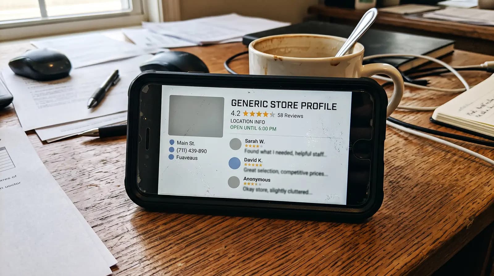 Celular mostrando o perfil de um negócio local com nota e avaliações