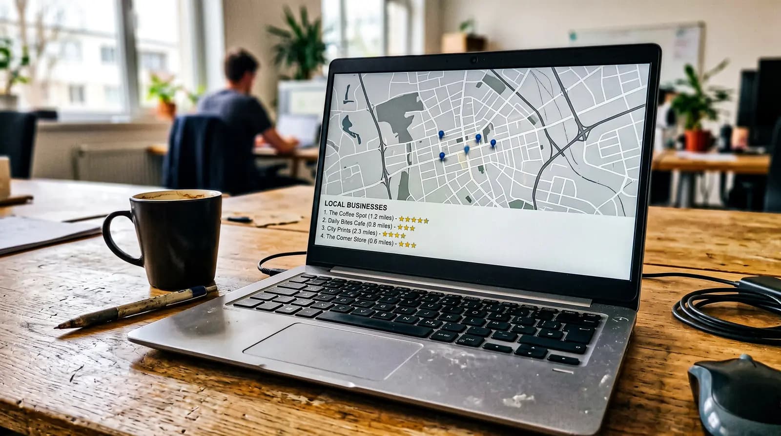 Notebook com um mapa de negócios locais e suas avaliações