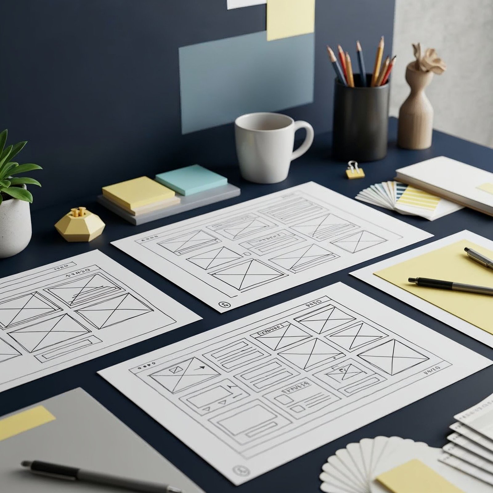 Workspace with printed website wireframes, stationery, and design tools