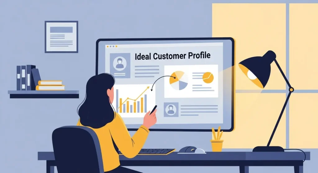 Illustration of a businesswoman analyzing customer data on a large computer screen with charts and graphs labeled “Ideal Customer Profile”.